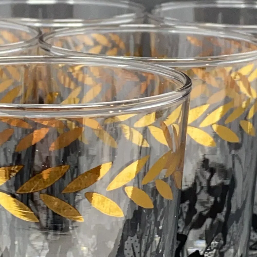 VTG Federal Glass Black Oak Leaf Gold Laurel Tumblers Set 6 MCM Drinking Glasses